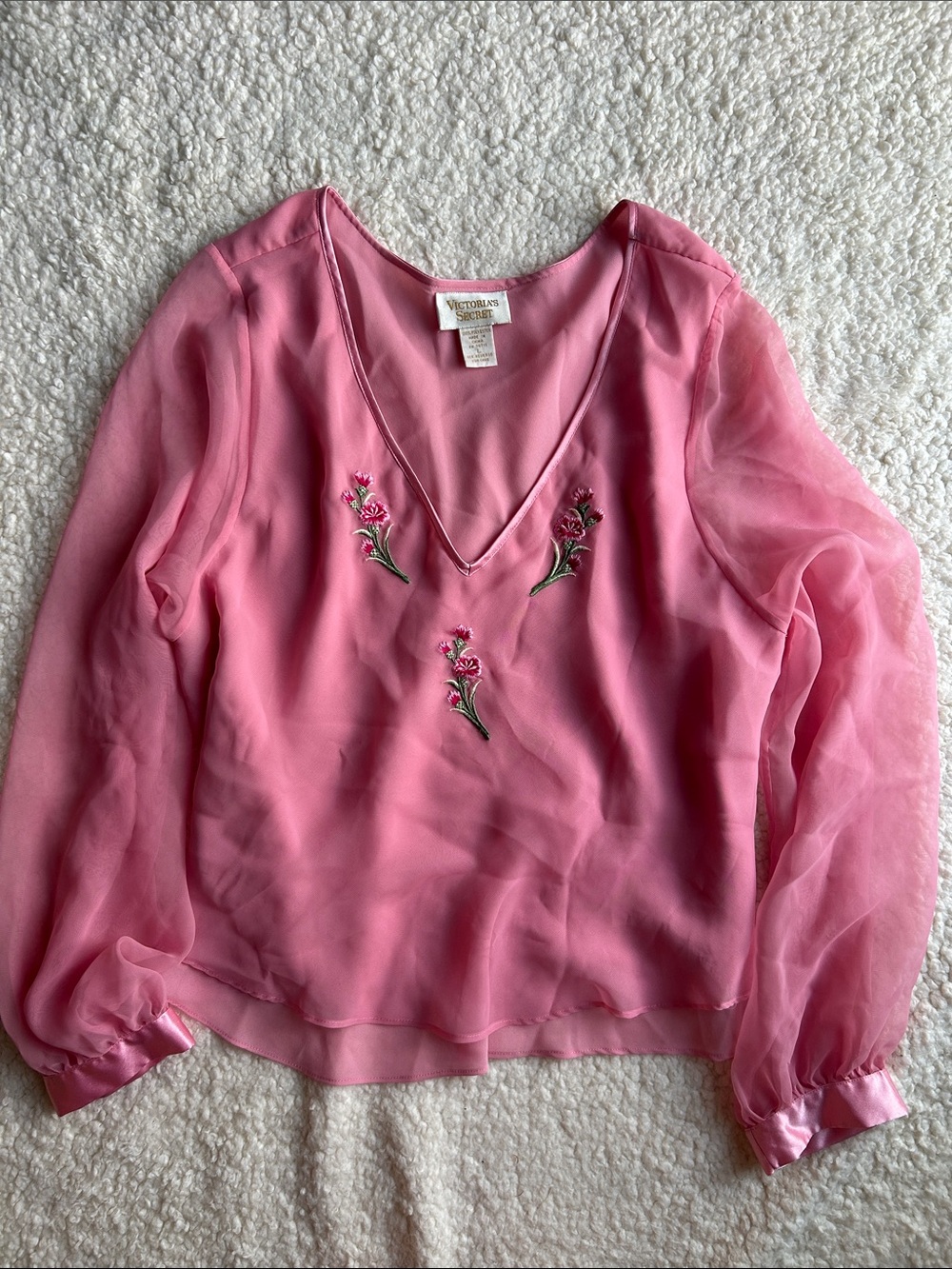Vintage Victoria's Secret Pink Sheer V-Neck Blouse with Floral Embroidery